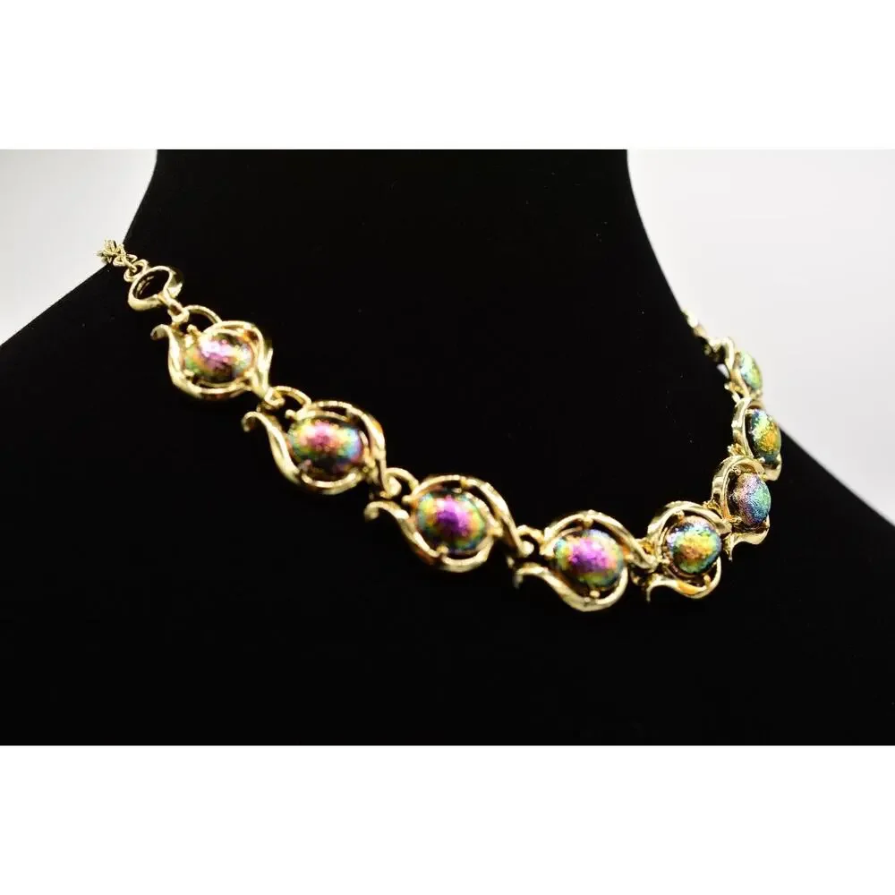 Vintage Collar Choker Necklace Lucite Watermelon Chrome Gold Linked 1970s BinA